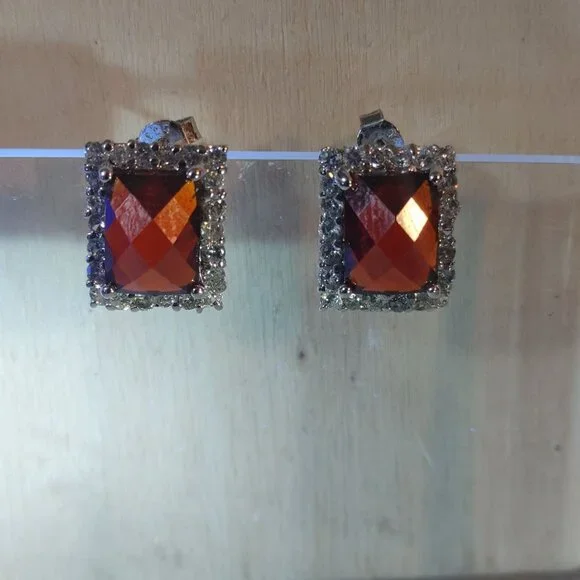 Garnet Earrings Sterling Silver 925 Vintage Square Red Bold Elegant Gemstones - Picture 8 of 9